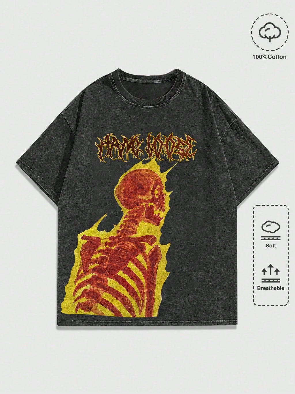 ROMWE MEN Street Life Men'S Flame Skull Print Vintage Washed Distressed T-Shirt, Summer