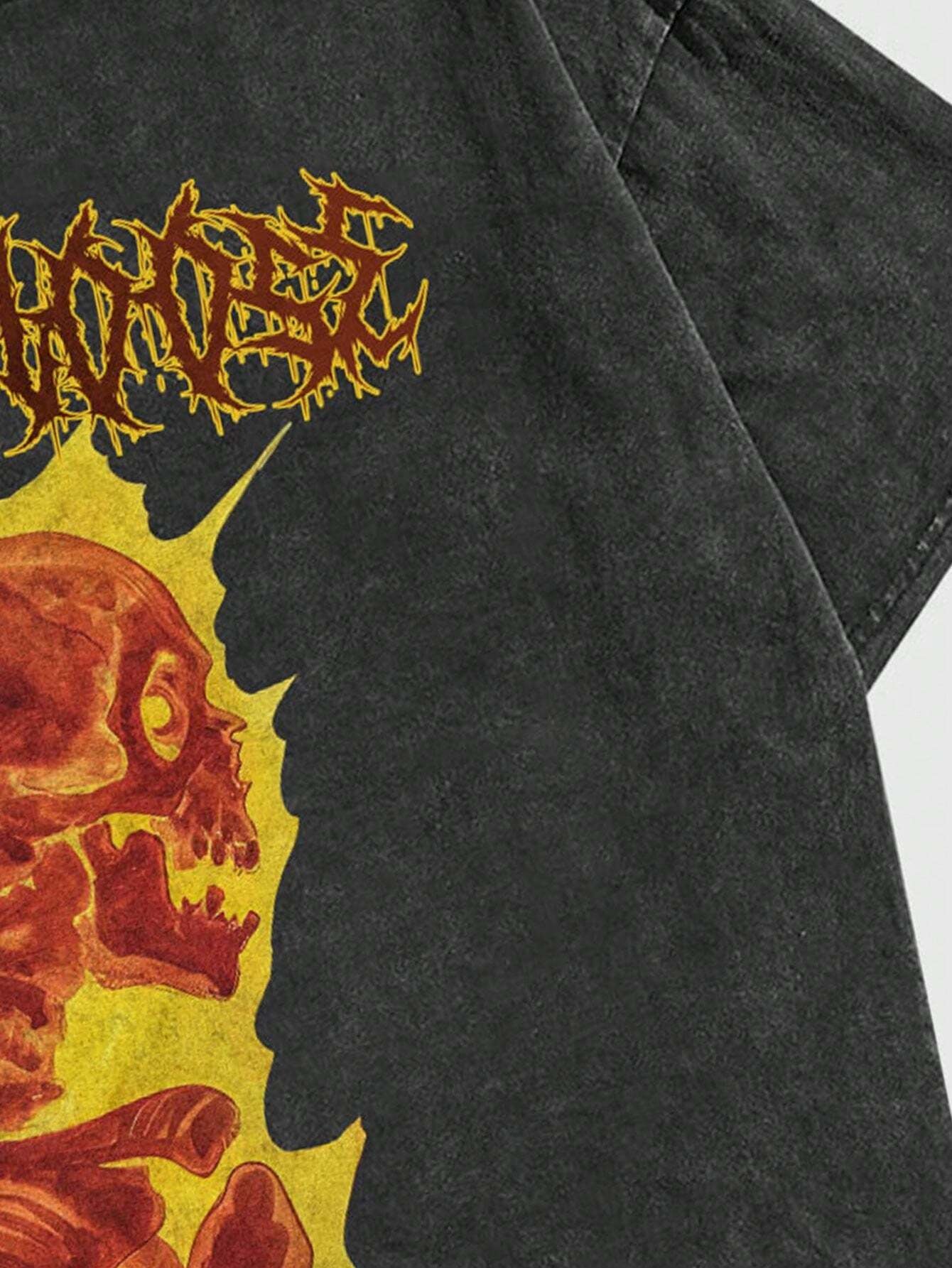 ROMWE MEN Street Life Men'S Flame Skull Print Vintage Washed Distressed T-Shirt, Summer