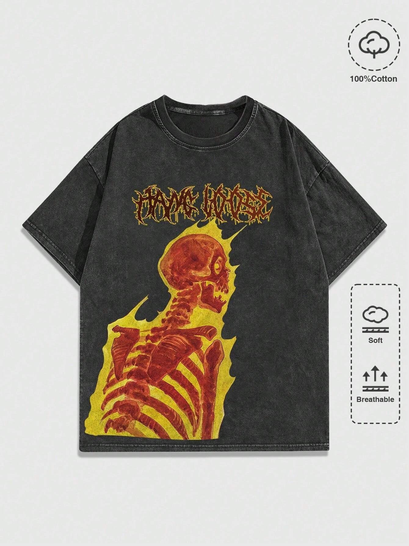 ROMWE MEN Street Life Men'S Flame Skull Print Vintage Washed Distressed T-Shirt, Summer