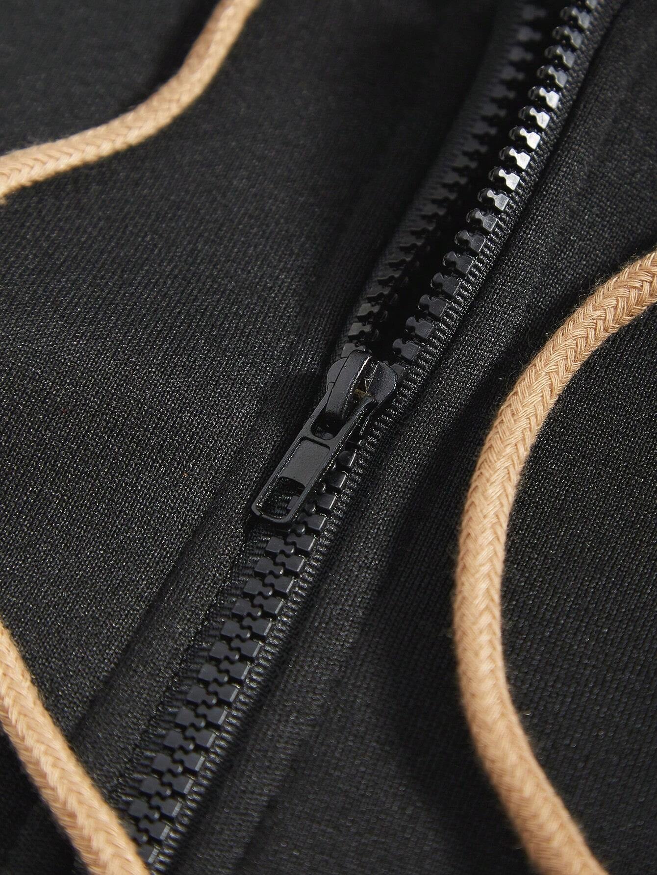 Manfinity Homme 2Pcs Men'S plus Size Letter Zip-Up Hoodie Sweatshirt and Sweatpants Casual Loose Fit Tracksuit Set