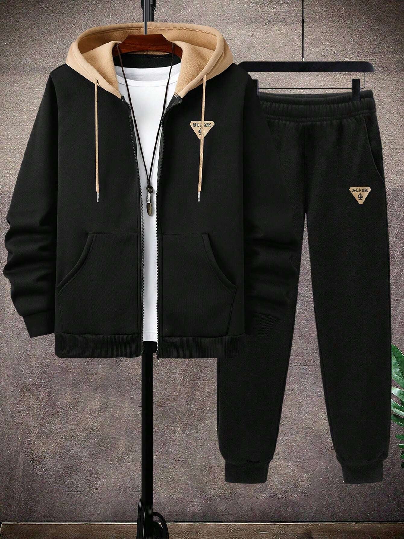 Manfinity Homme 2Pcs Men'S plus Size Letter Zip-Up Hoodie Sweatshirt and Sweatpants Casual Loose Fit Tracksuit Set