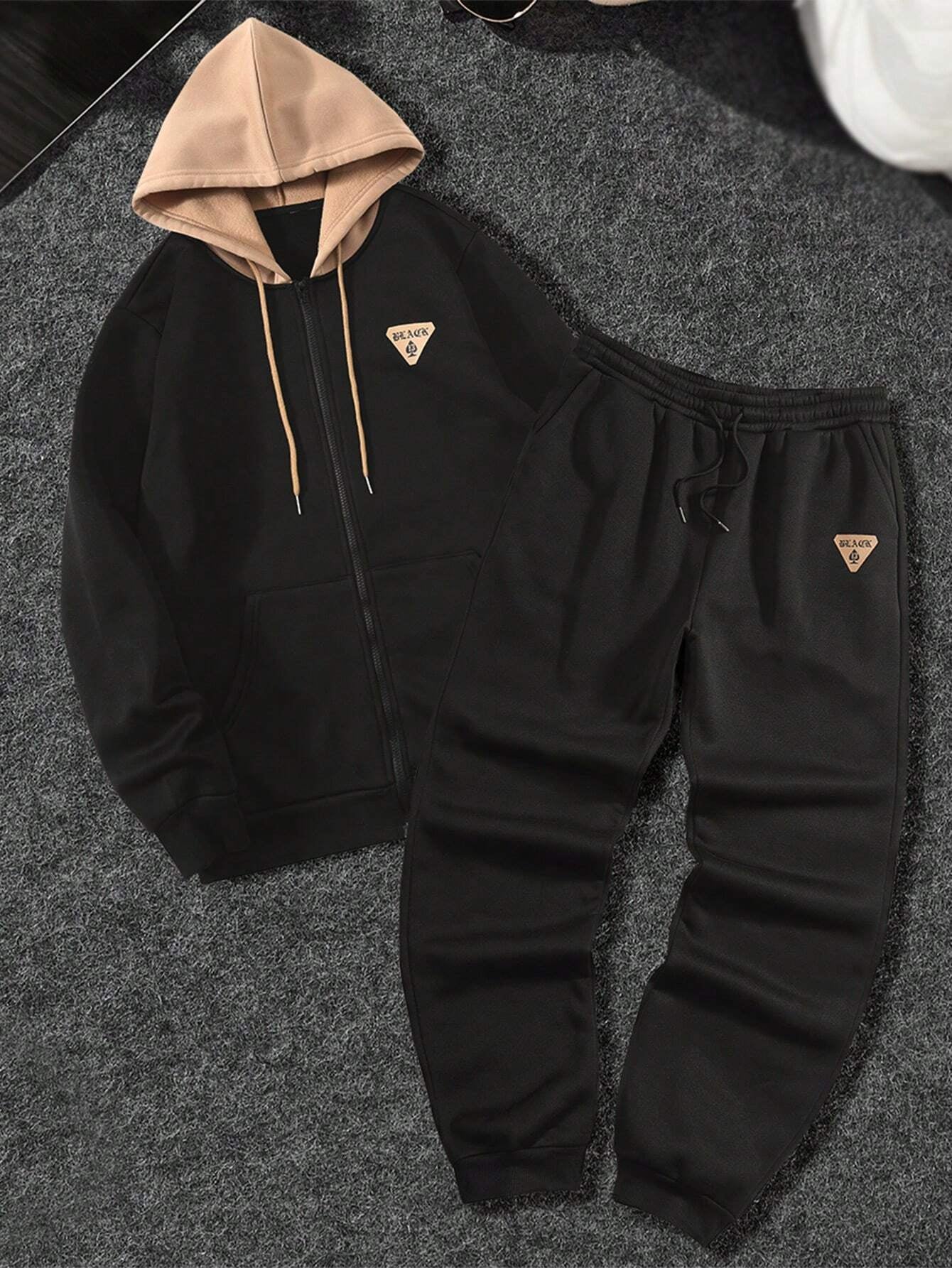 Manfinity Homme 2Pcs Men'S plus Size Letter Zip-Up Hoodie Sweatshirt and Sweatpants Casual Loose Fit Tracksuit Set