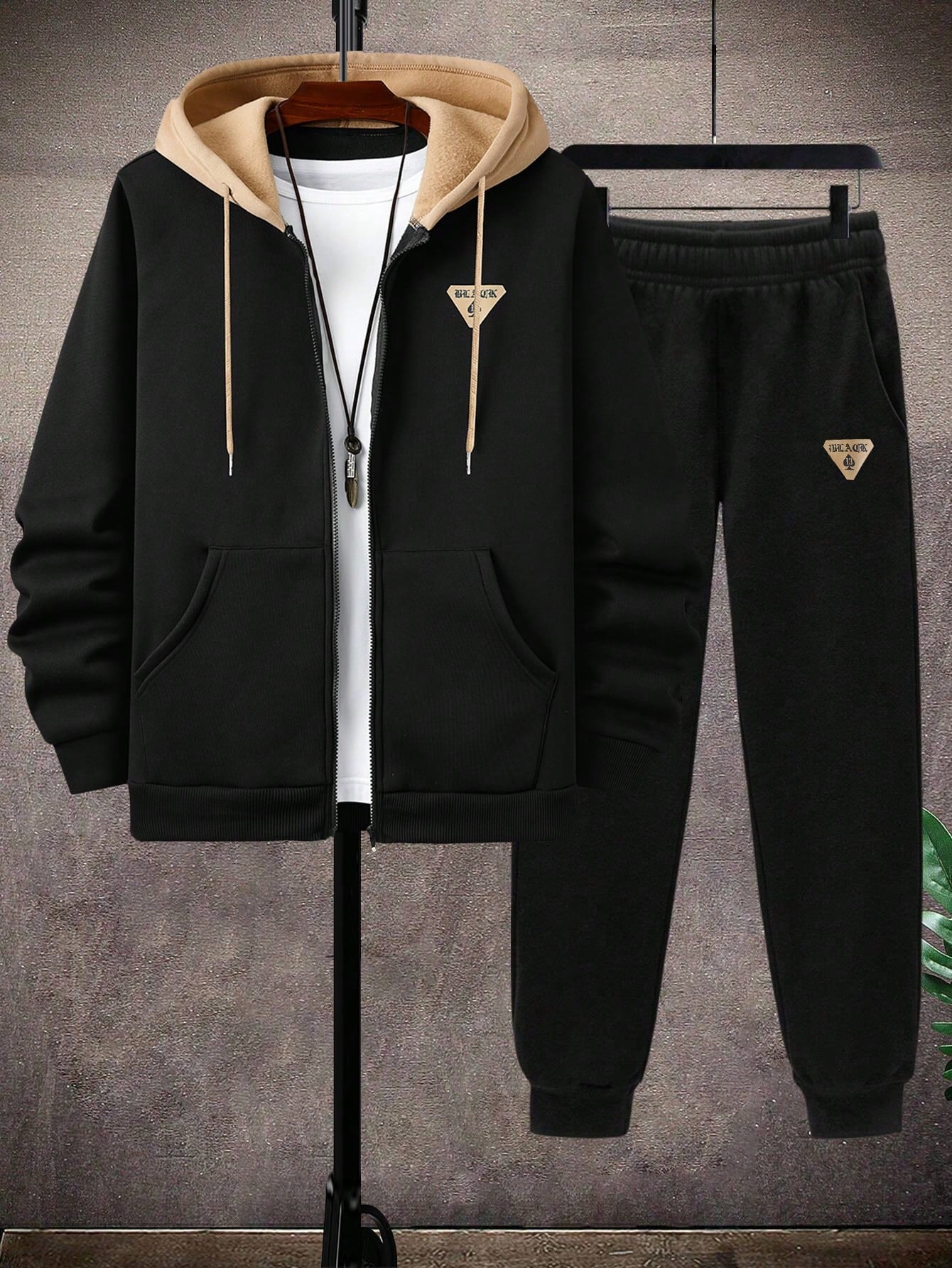 Manfinity Homme 2Pcs Men'S plus Size Letter Zip-Up Hoodie Sweatshirt and Sweatpants Casual Loose Fit Tracksuit Set